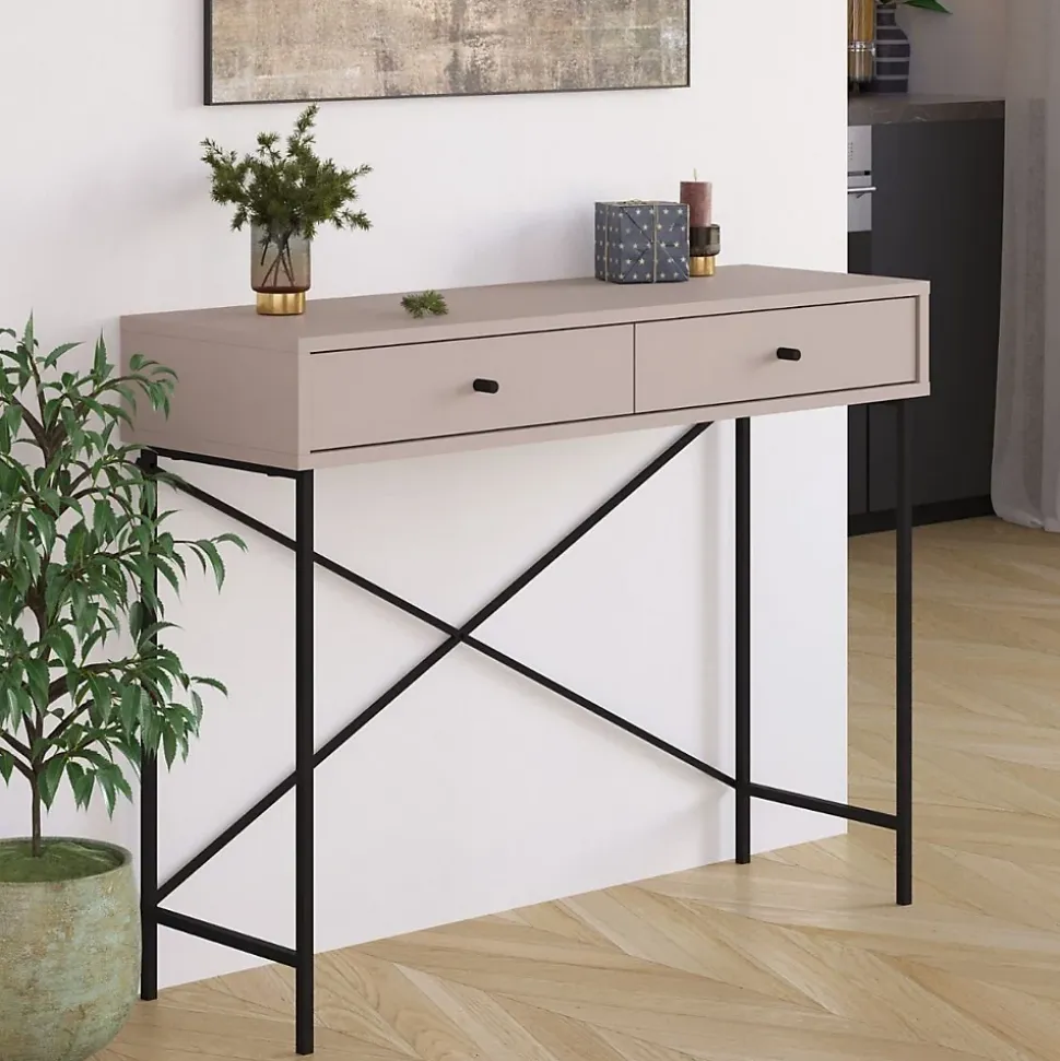 Console 2 Tiroirs Couleur moka et Pieds en Métal L110 cm - Titan