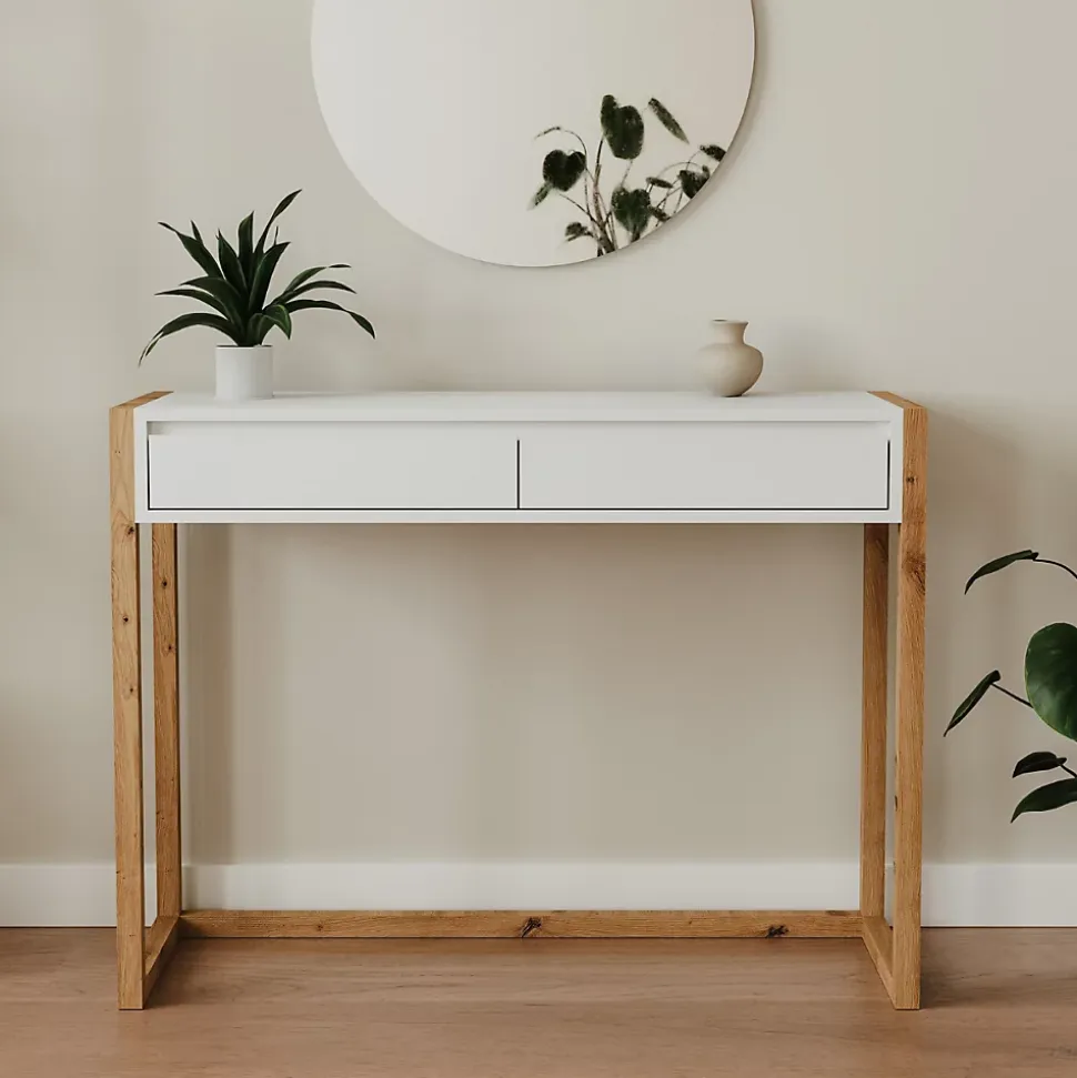 Console 2 tiroirs décor blanc et chêne artisan L100 cm - NOVA