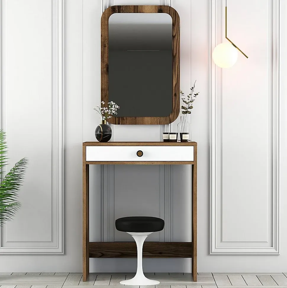 Console Baunei, Table polyvalente, Armoire de rangement, Bureau du couloir, 70x85 h40 cm, Noyer et Blanc