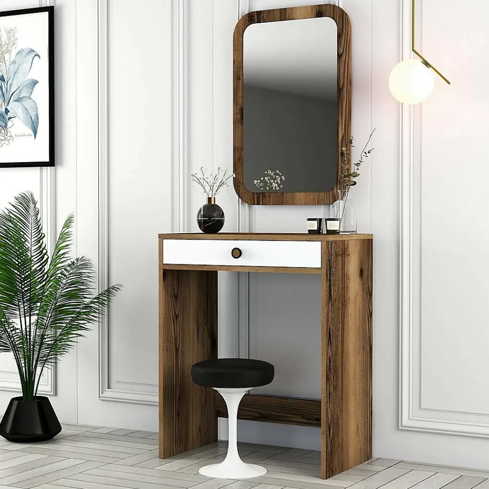 Console Baunei, Table polyvalente, Armoire de rangement, Bureau du couloir, 70x85 h40 cm, Noyer et Blanc