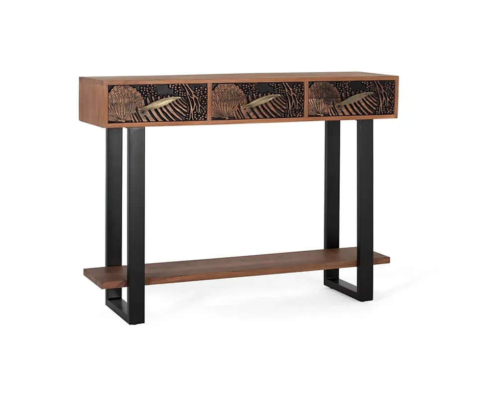 Console bois d'acacia teint naturelle et métal