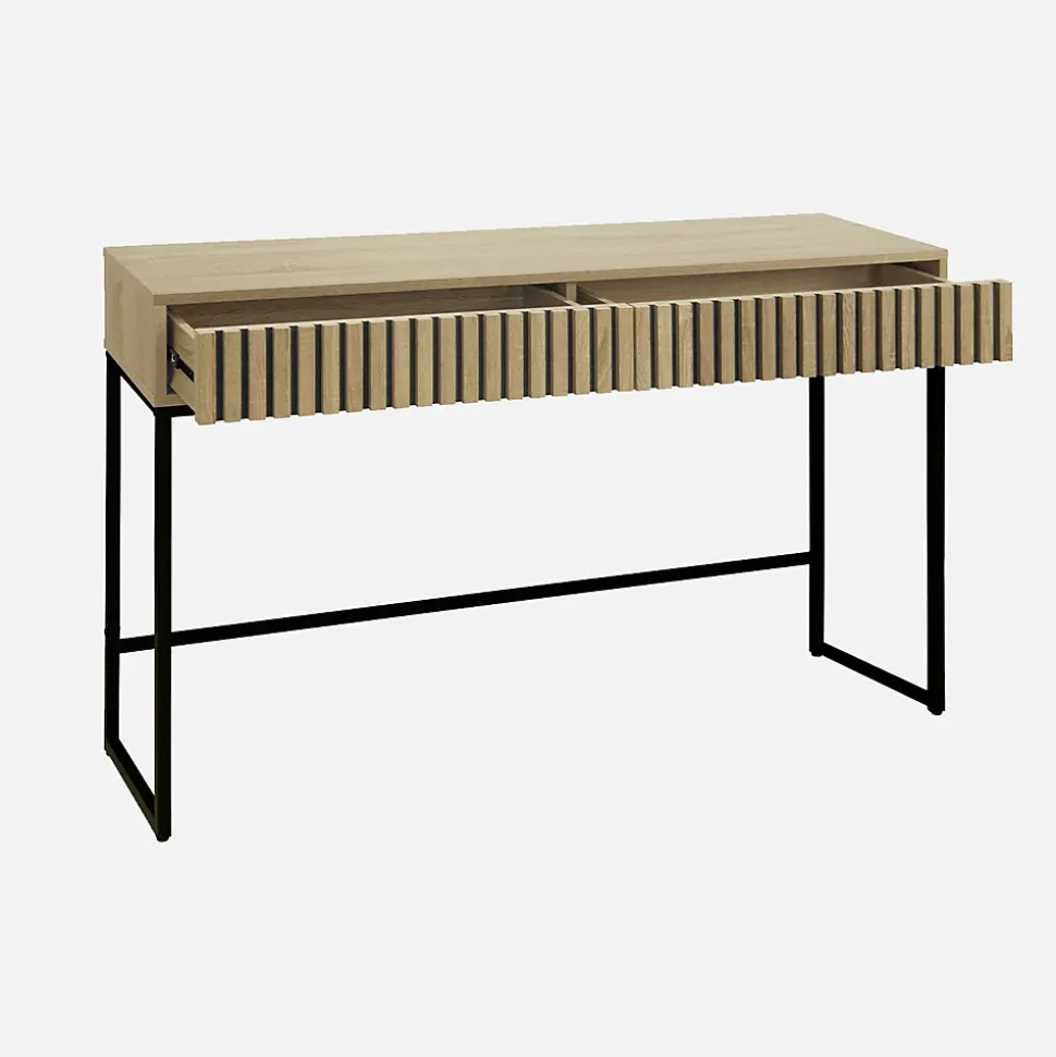 Console contemporaine avec 2 tiroirs en décor bois rainuré. structure et piètement en métal noir