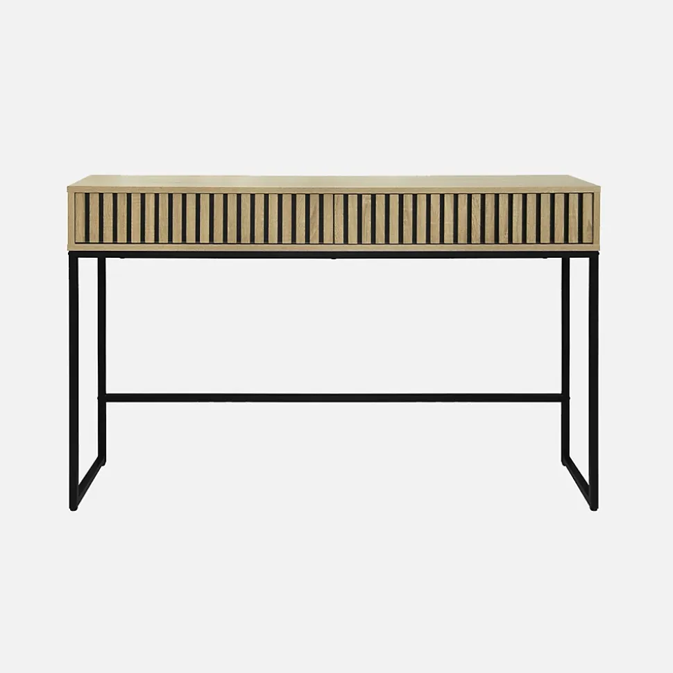 Console contemporaine avec 2 tiroirs en décor bois rainuré. structure et piètement en métal noir