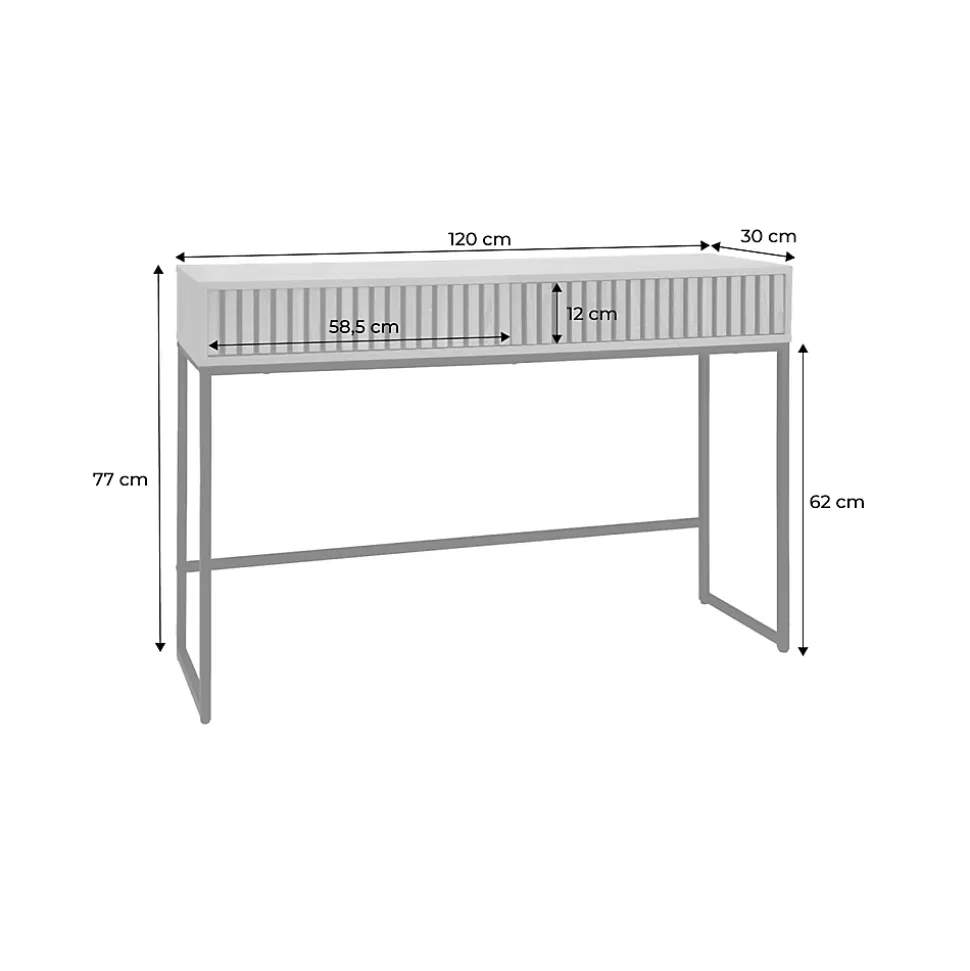 Console contemporaine avec 2 tiroirs en décor bois rainuré. structure et piètement en métal noir