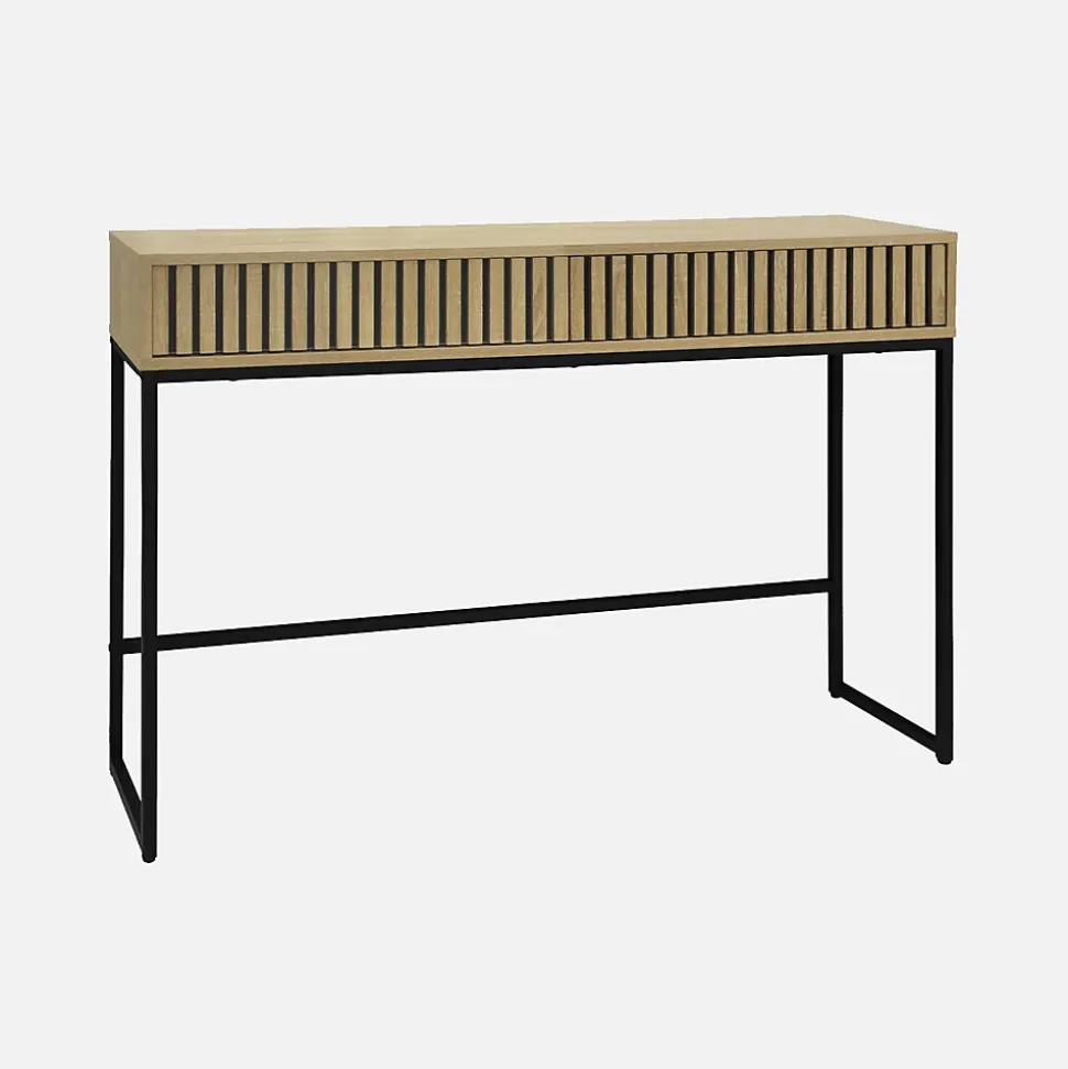 Console contemporaine avec 2 tiroirs en décor bois rainuré. structure et piètement en métal noir