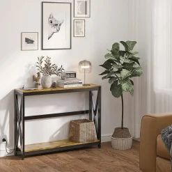 Console d'entrée style industriel 2 niveaux - prises de courant et USB intégrées - dim. 100 x 24 x 75 cm - acier noir effet bois