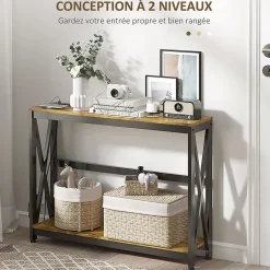 Console d'entrée style industriel 2 niveaux - prises de courant et USB intégrées - dim. 100 x 24 x 75 cm - acier noir effet bois