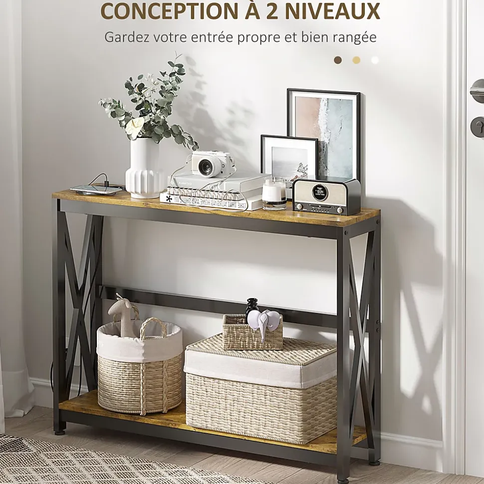 Console d'entrée style industriel 2 niveaux - prises de courant et USB intégrées - dim. 100 x 24 x 75 cm - acier noir effet bois