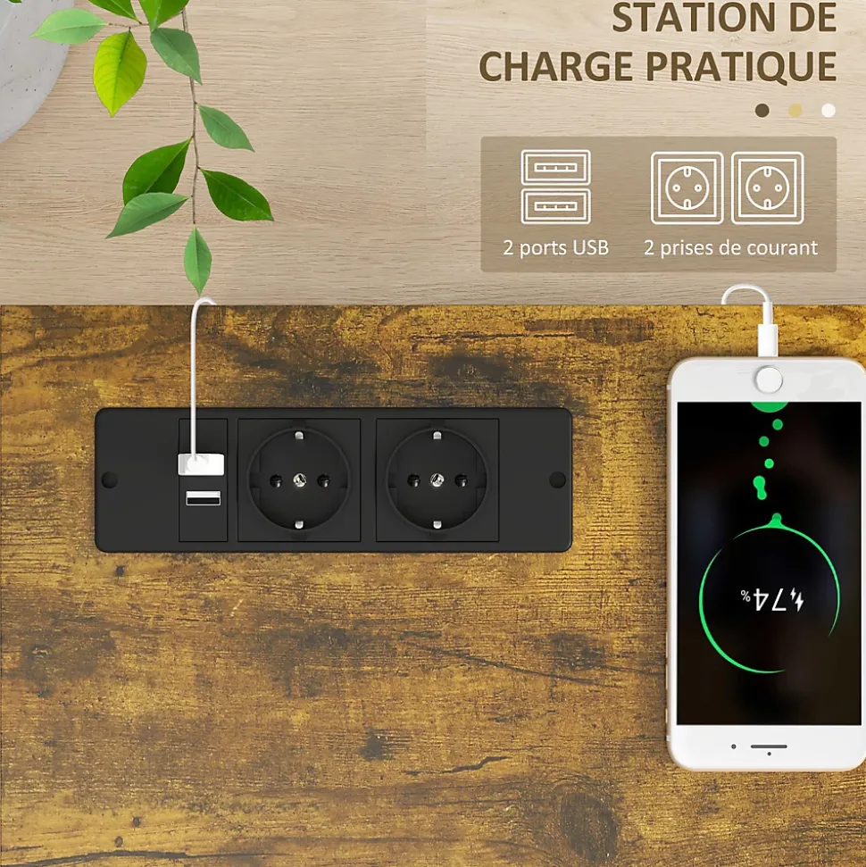 Console d'entrée style industriel 2 niveaux - prises de courant et USB intégrées - dim. 100 x 24 x 75 cm - acier noir effet bois