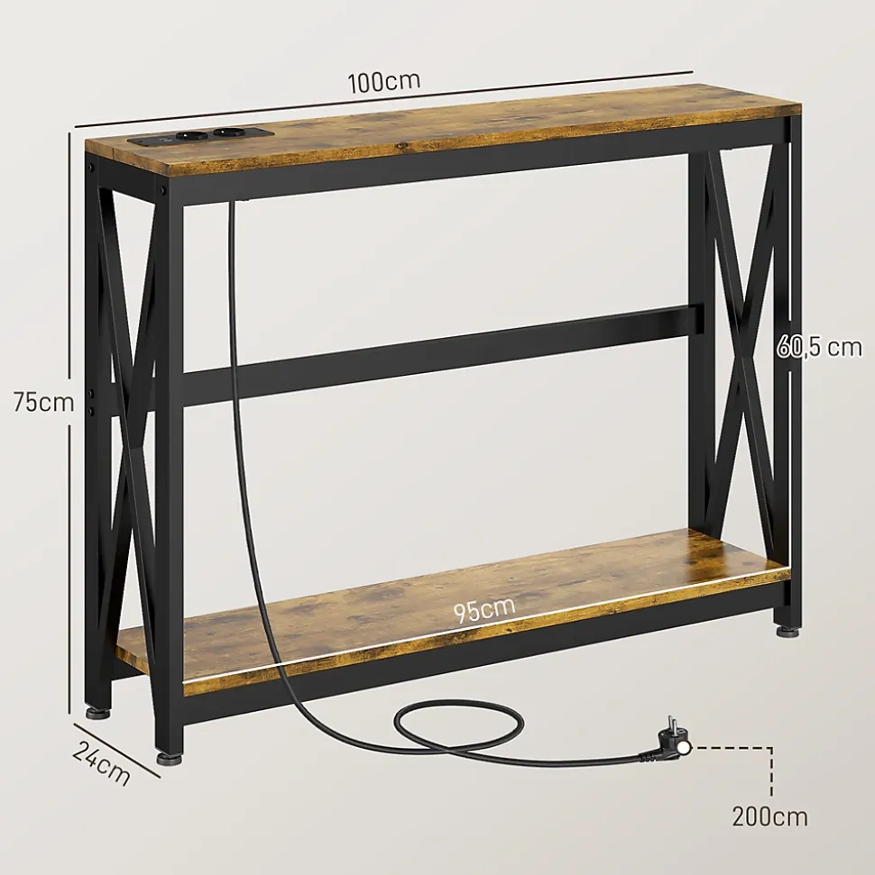 Console d'entrée style industriel 2 niveaux - prises de courant et USB intégrées - dim. 100 x 24 x 75 cm - acier noir effet bois