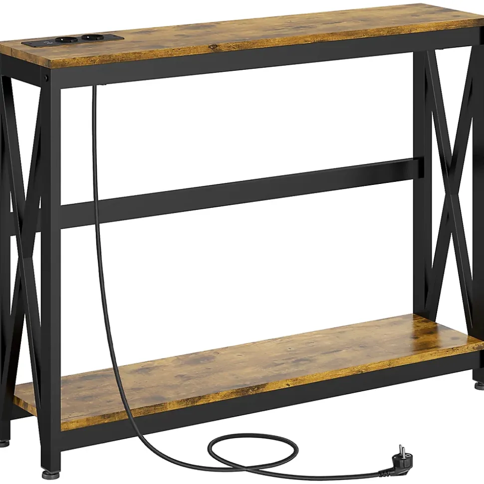 Console d'entrée style industriel 2 niveaux - prises de courant et USB intégrées - dim. 100 x 24 x 75 cm - acier noir effet bois