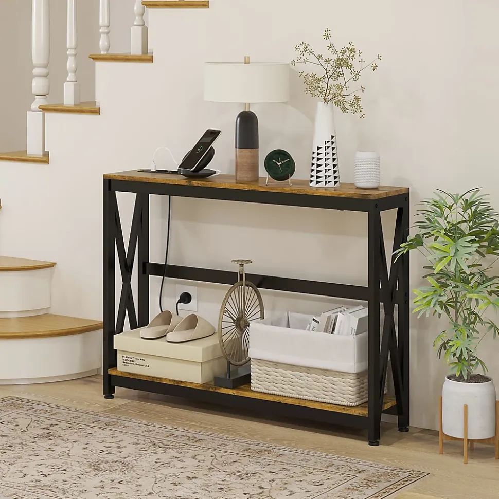 Console d'entrée style industriel 2 niveaux - prises de courant et USB intégrées - dim. 100 x 24 x 75 cm - acier noir effet bois