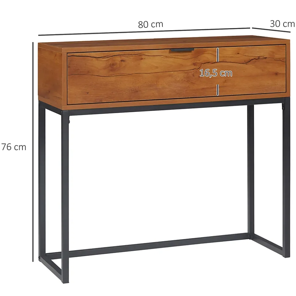 Console design - grand tiroir - dim. 80 x 30 x 76 cm - acier noir effet bois noyer