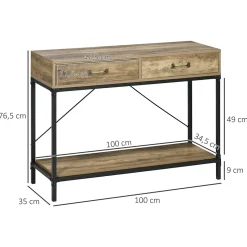Console design industriel dim. 100L x 35l x 76H cm 2 tiroirs poignées laiton vieilli étagère métal noir aspect bois veinage