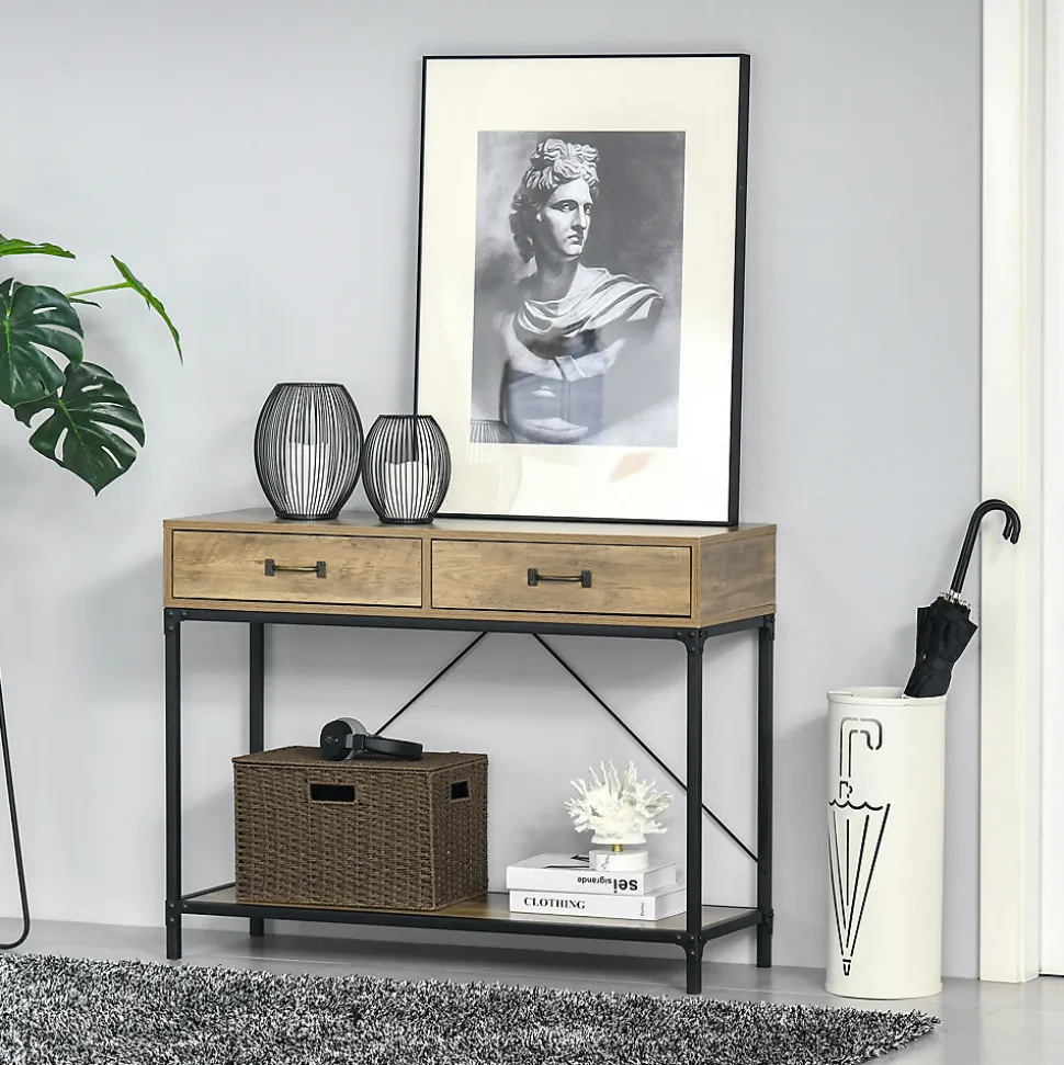 Console design industriel dim. 100L x 35l x 76H cm 2 tiroirs poignées laiton vieilli étagère métal noir aspect bois veinage