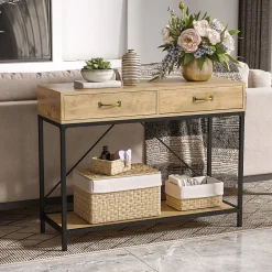 Console design industriel dim. 100L x 35l x 76H cm 2 tiroirs poignées laiton vieilli étagère métal noir aspect bois veinage