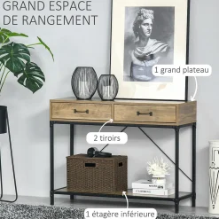 Console design industriel dim. 100L x 35l x 76H cm 2 tiroirs poignées laiton vieilli étagère métal noir aspect bois veinage