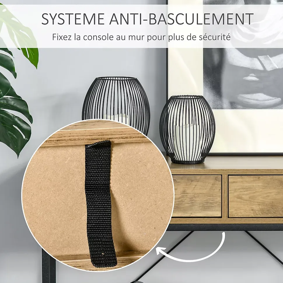 Console design industriel dim. 100L x 35l x 76H cm 2 tiroirs poignées laiton vieilli étagère métal noir aspect bois veinage