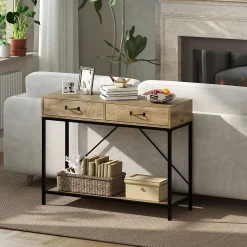 Console design industriel dim. 100L x 35l x 76H cm 2 tiroirs poignées laiton vieilli étagère métal noir aspect bois veinage