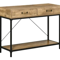 Console design industriel dim. 100L x 35l x 76H cm 2 tiroirs poignées laiton vieilli étagère métal noir aspect bois veinage