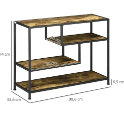 Console design industriel 4 étagères acier noir panneaux aspect bois vieilli