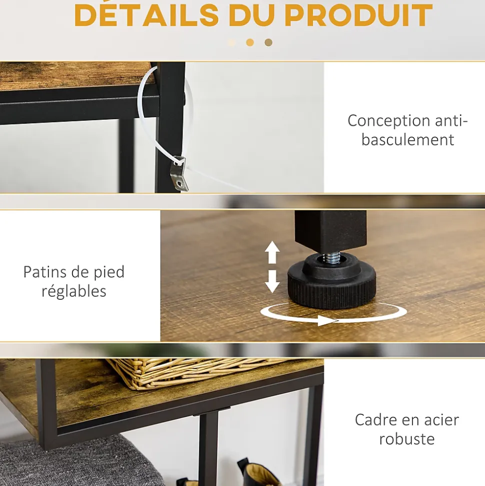 Console design industriel 4 étagères acier noir panneaux aspect bois vieilli