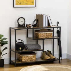 Console design industriel 4 étagères acier noir panneaux aspect bois vieilli