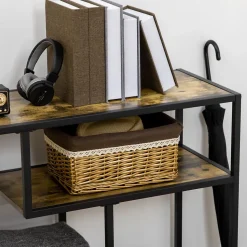 Console design industriel 4 étagères acier noir panneaux aspect bois vieilli