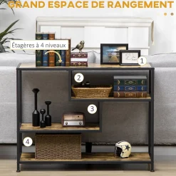 Console design industriel 4 étagères acier noir panneaux aspect bois vieilli