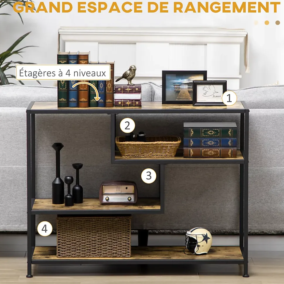 Console design industriel 4 étagères acier noir panneaux aspect bois vieilli