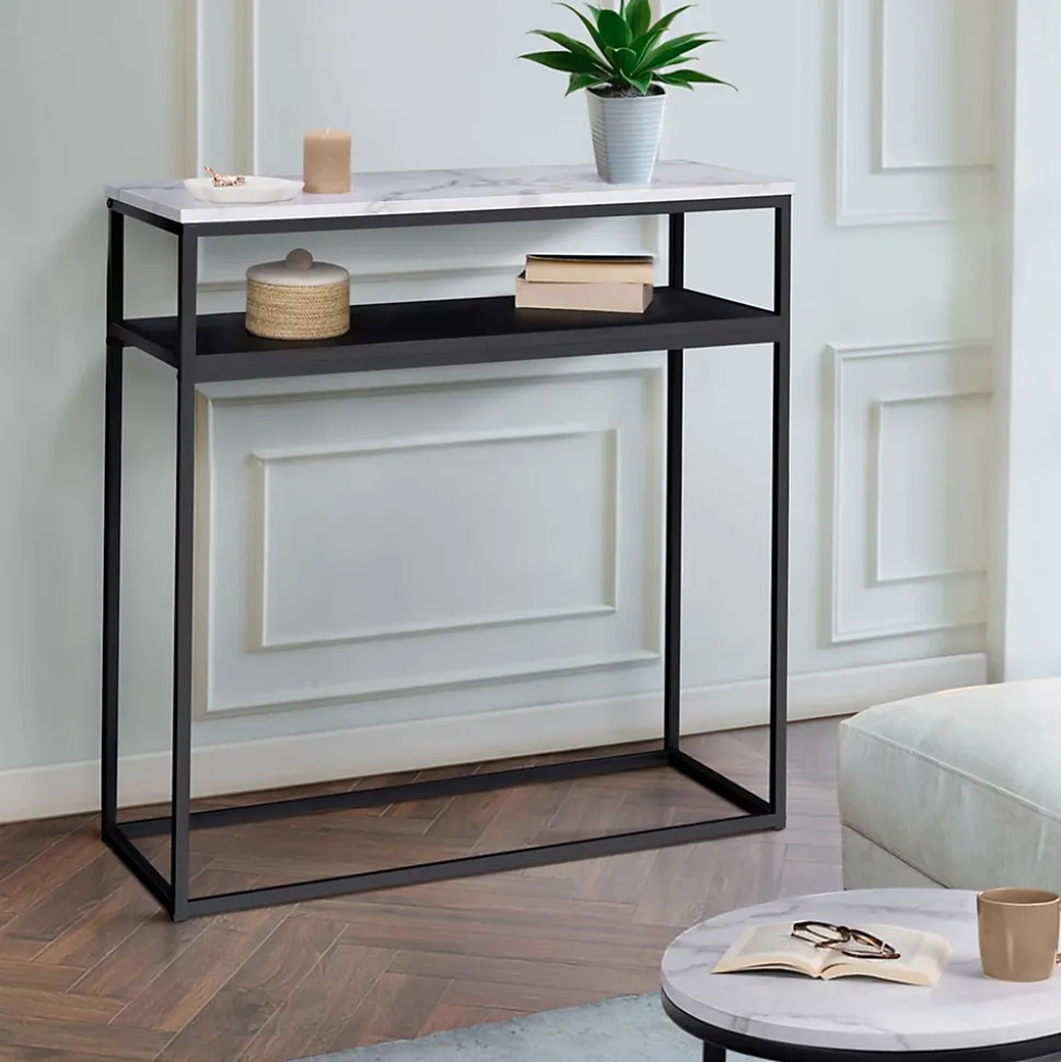 Console double ALASKA effet marbre et bois noir pied métal
