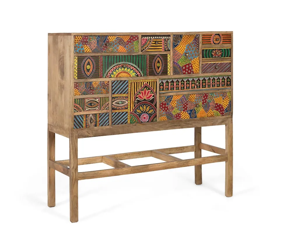Console en bois de manguier massif avec détails peints à la main