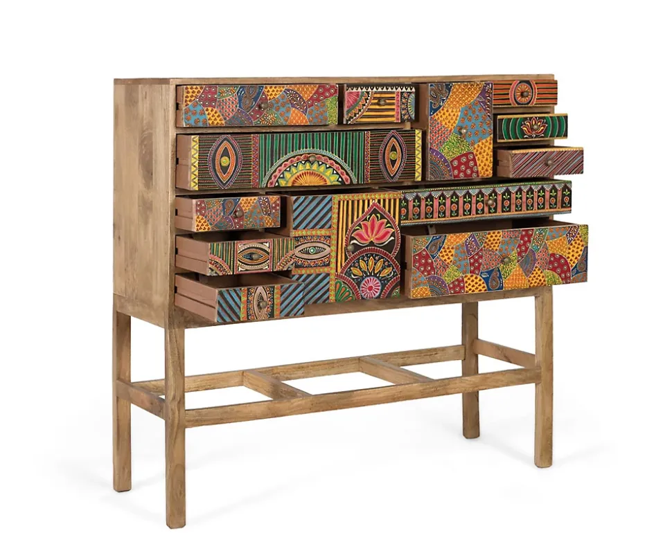 Console en bois de manguier massif avec détails peints à la main
