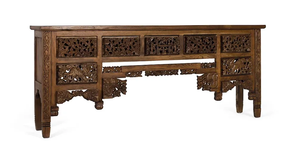 Console en bois de teck avec 5 tiroirs et pieds sculptés à la main