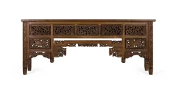 Console en bois de teck avec 5 tiroirs et pieds sculptés à la main
