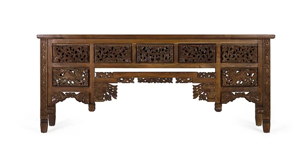 Console en bois de teck avec 5 tiroirs et pieds sculptés à la main