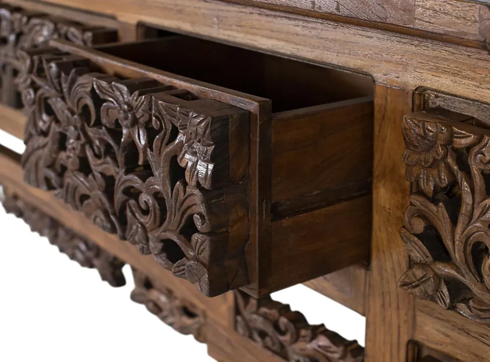 Console en bois de teck avec 5 tiroirs et pieds sculptés à la main