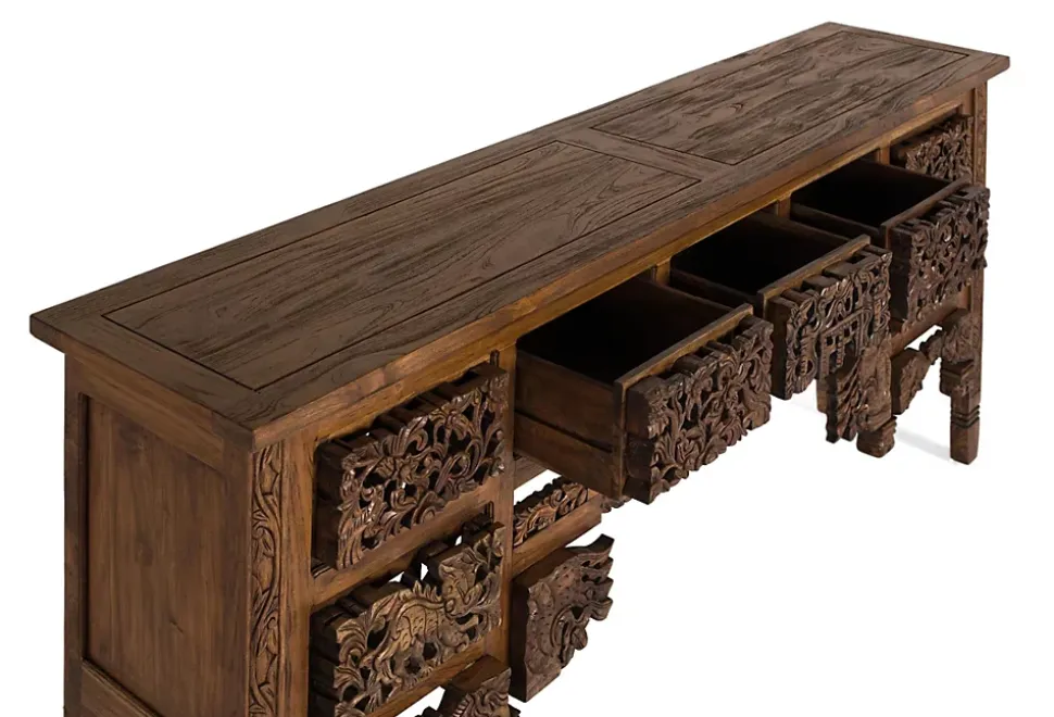 Console en bois de teck avec 5 tiroirs et pieds sculptés à la main