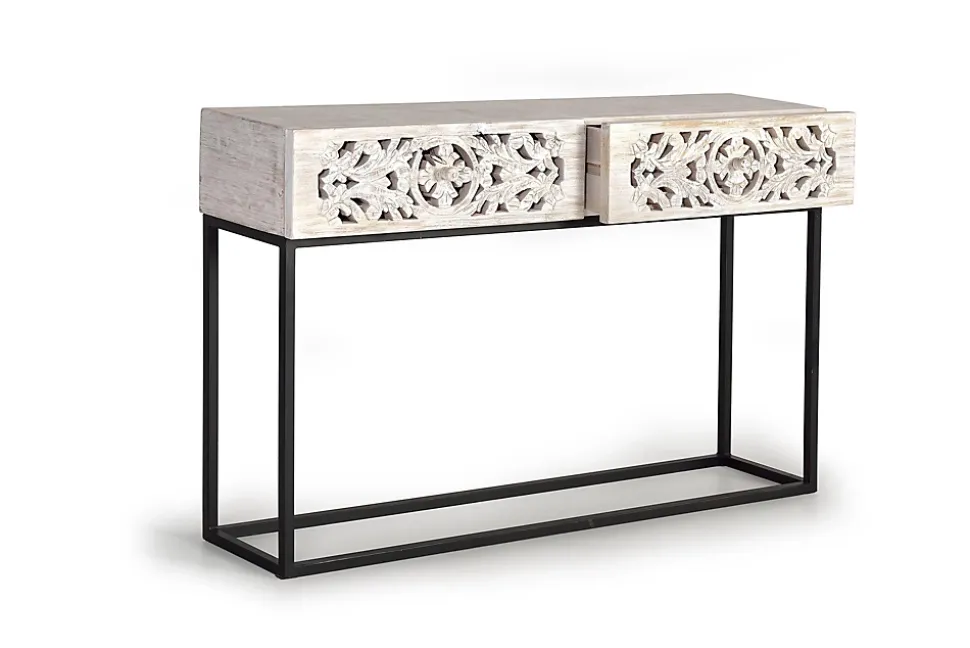 Console en manguier et pieds en métal vieilli noir et blanc