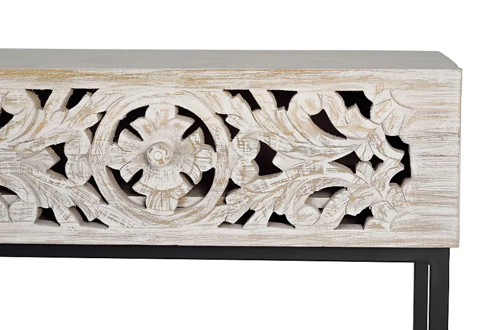 Console en manguier et pieds en métal vieilli noir et blanc