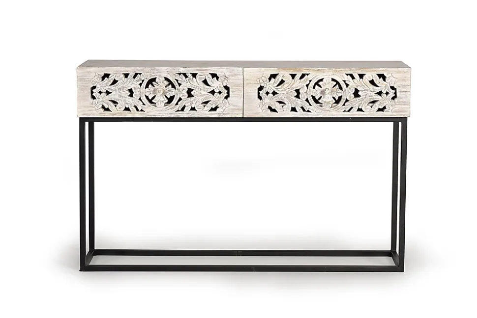Console en manguier et pieds en métal vieilli noir et blanc