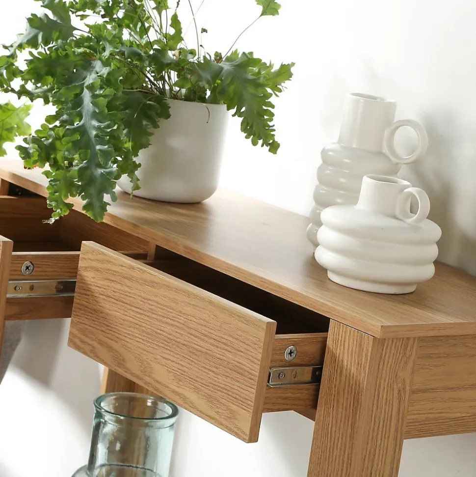 Console Haute 2 Tiroirs Décor Chêne - L79 cm