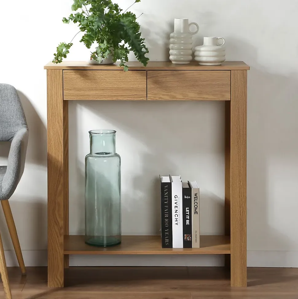 Console Haute 2 Tiroirs Décor Chêne - L79 cm
