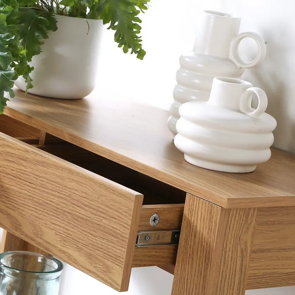 Console Haute 2 Tiroirs Décor Chêne - L79 cm