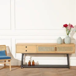 Console LALALA Style scandinave en chêne, cannage et métal, 2 portes, 1 tiroir