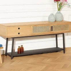 Console LALALA Style scandinave en chêne, cannage et métal, 2 portes, 1 tiroir