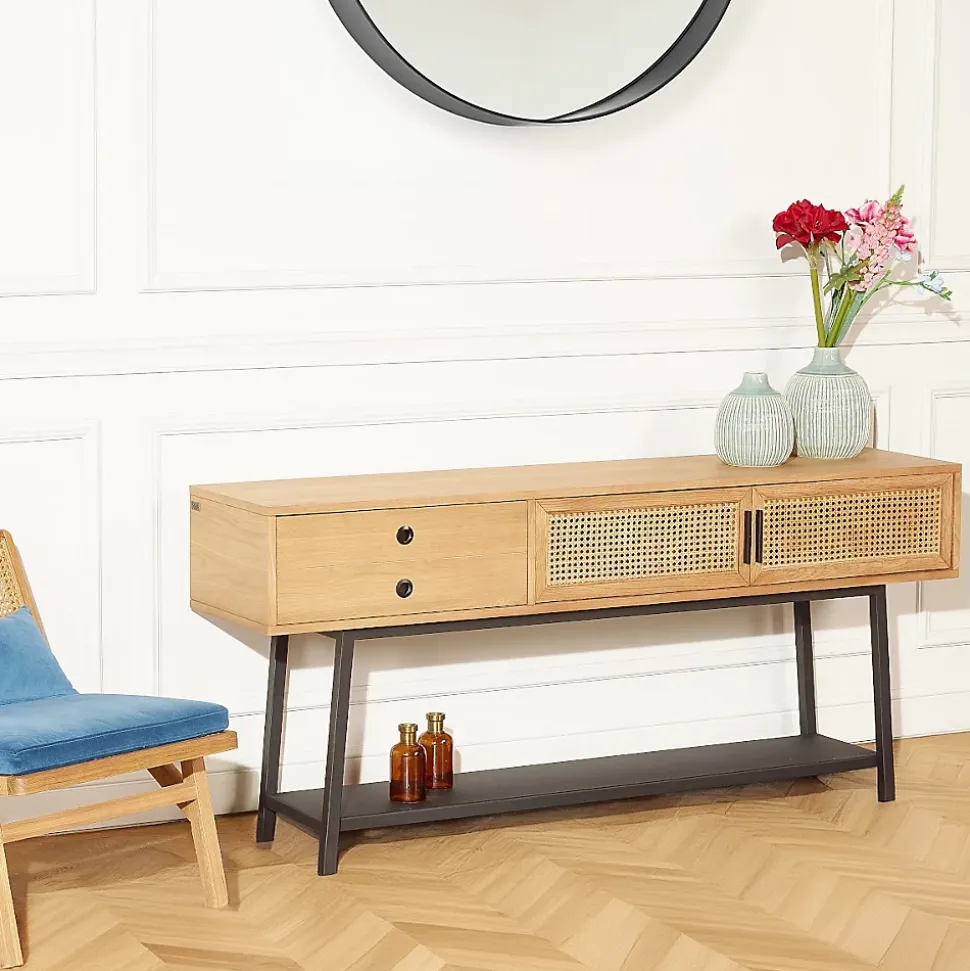 Console LALALA Style scandinave en chêne, cannage et métal, 2 portes, 1 tiroir