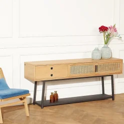 Console LALALA Style scandinave en chêne, cannage et métal, 2 portes, 1 tiroir
