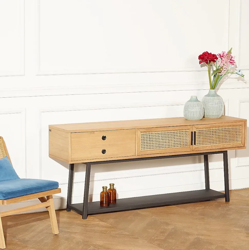 Console LALALA Style scandinave en chêne, cannage et métal, 2 portes, 1 tiroir