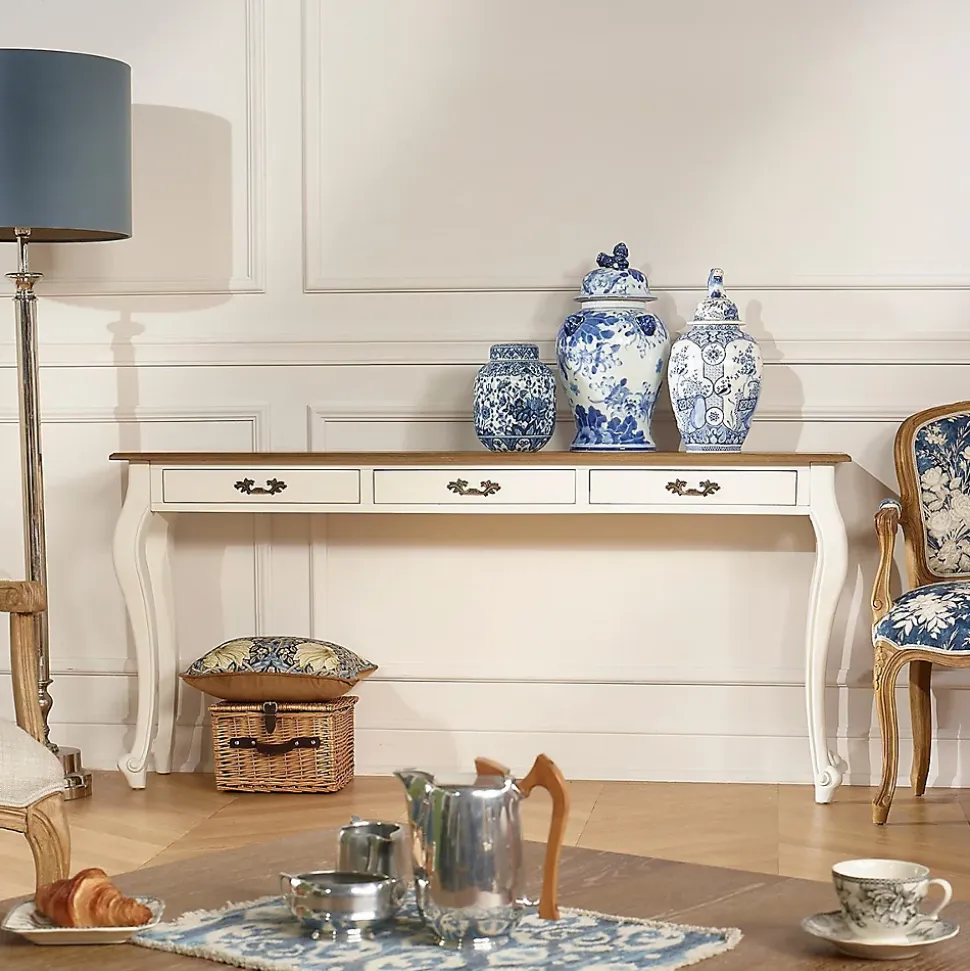 Console LOUIS Style romantique, plateau en chêne, 3 tiroirs